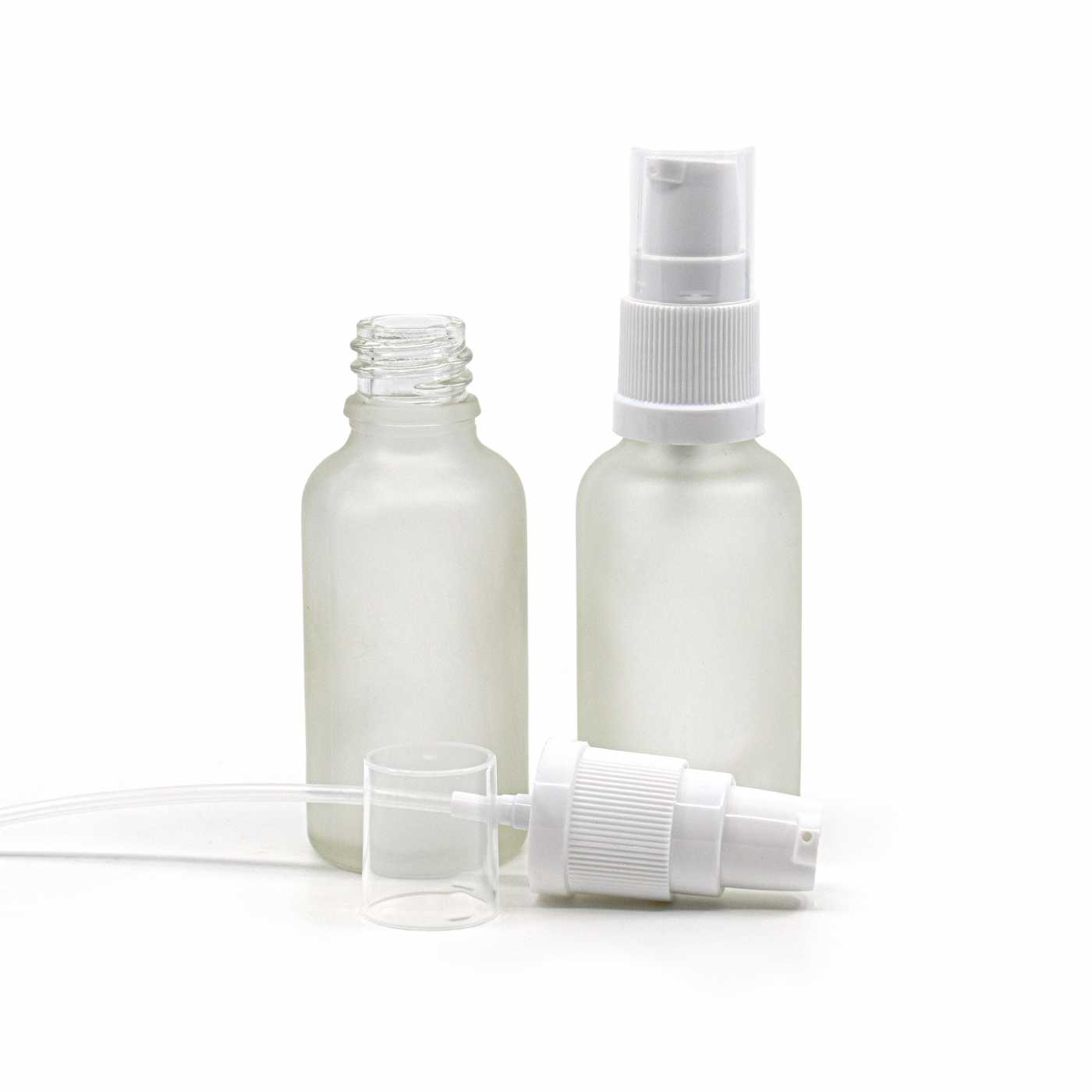 Butelka szklana przezroczysta mleczna, biały dozownik, 30 ml