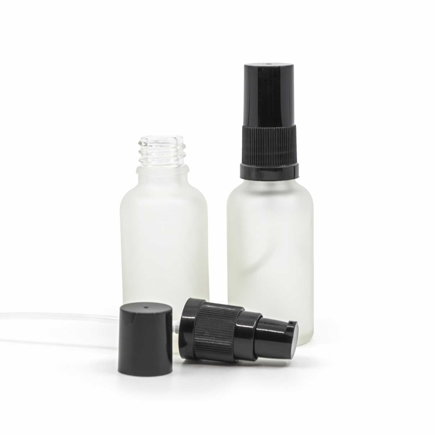 Butelka szklana, przezroczysta mleczna, pompka do kremów z czarnym kapturkiem, 30 ml