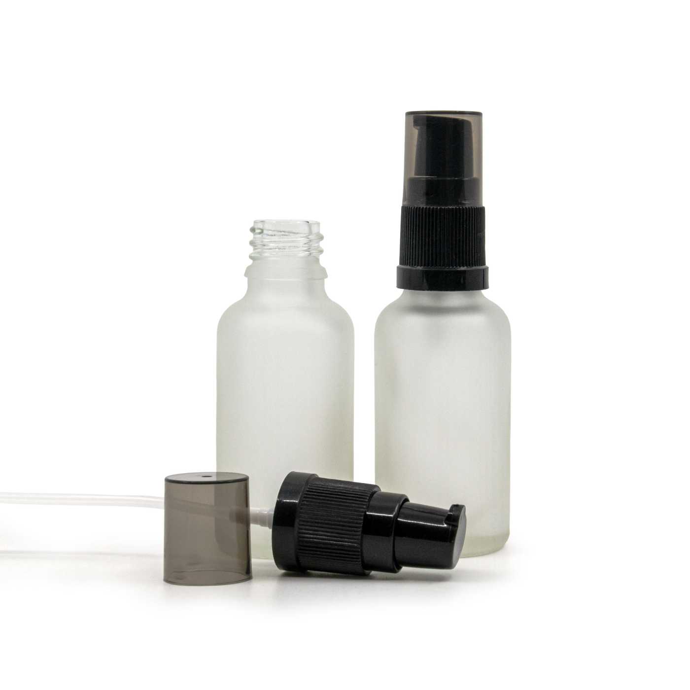 Átlátszó matt üvegcse, krémadagoló füstös felső kupakkal, 30 ml