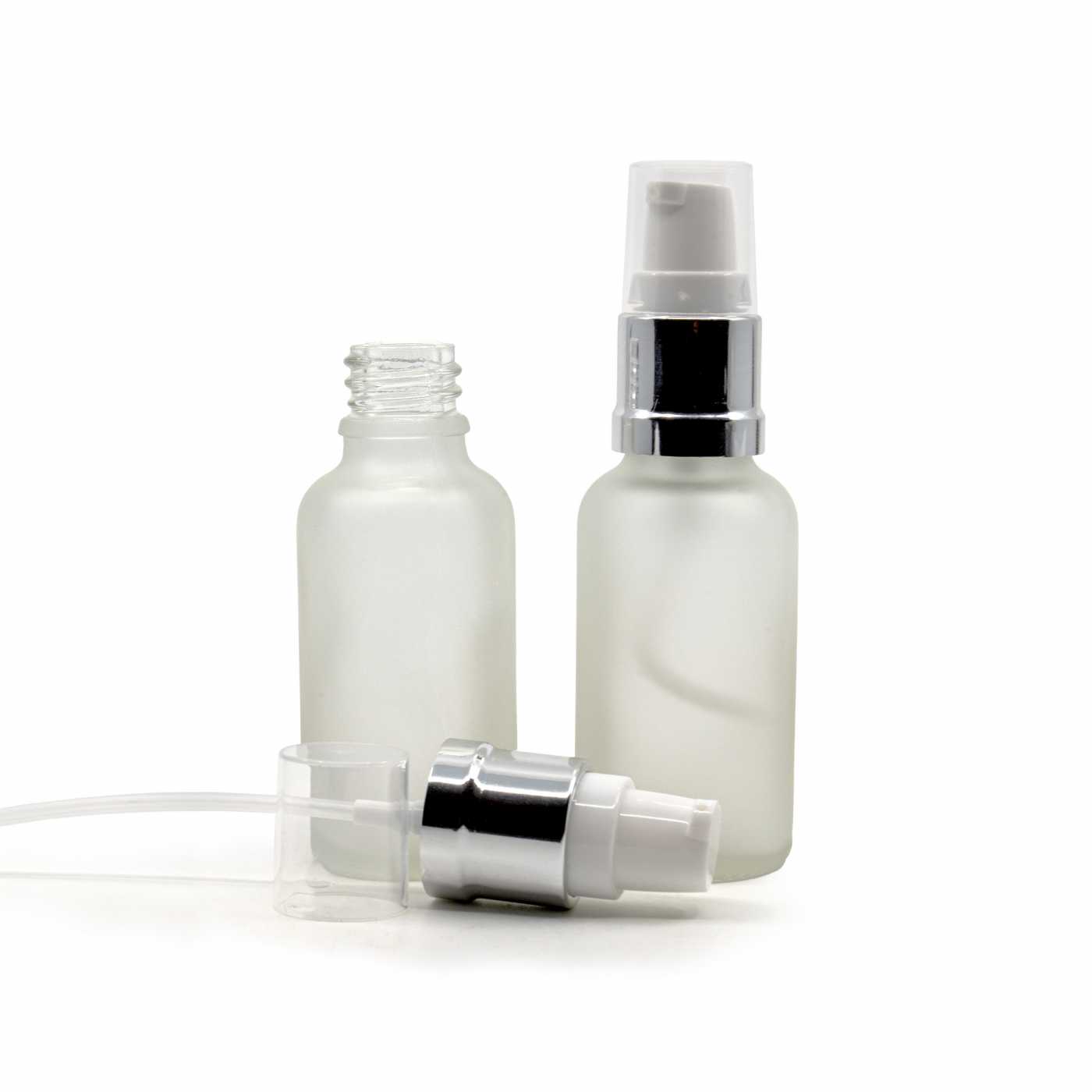 Butelka szklana przezroczysta mleczna, dozownik biało-srebrny błyszczący, 30 ml