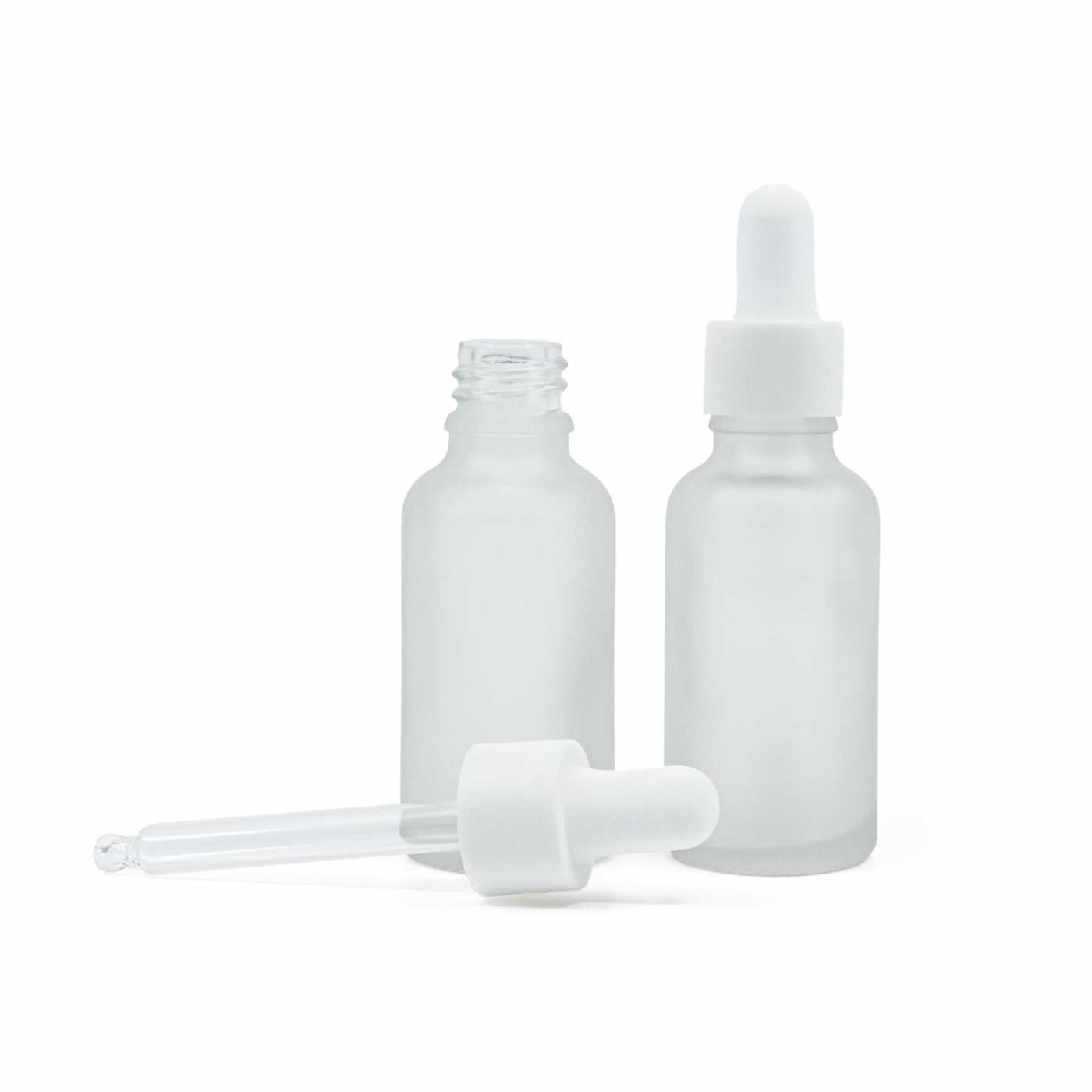 Flacon en verre dépoli transparent, compte-gouttes lisse blanc mat, 30 ml