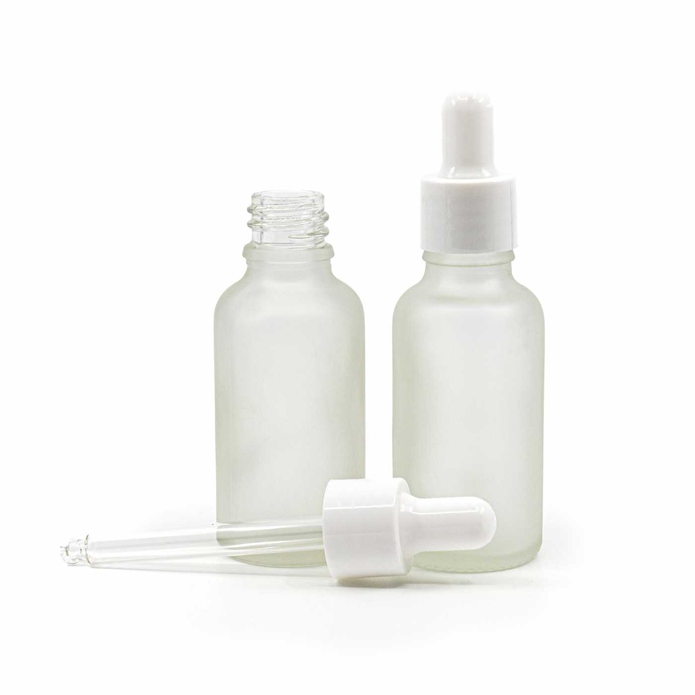 Matt átlátszó üvegpalack fényes fehér pipettával, 30 ml