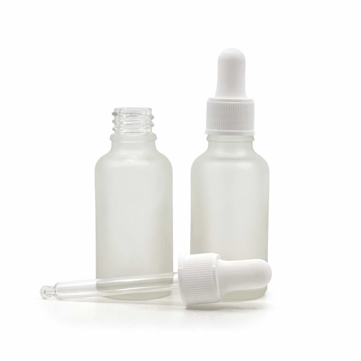 Butelka szklana przezroczysta mleczna, kroplomierz biały matowy, 30 ml