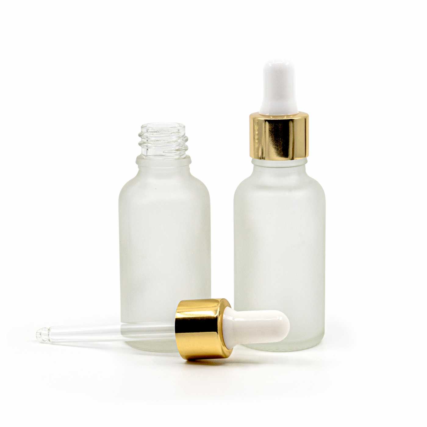 Butelka szklana przezroczysta mleczna, kroplomierz biało-złoty, 30 ml