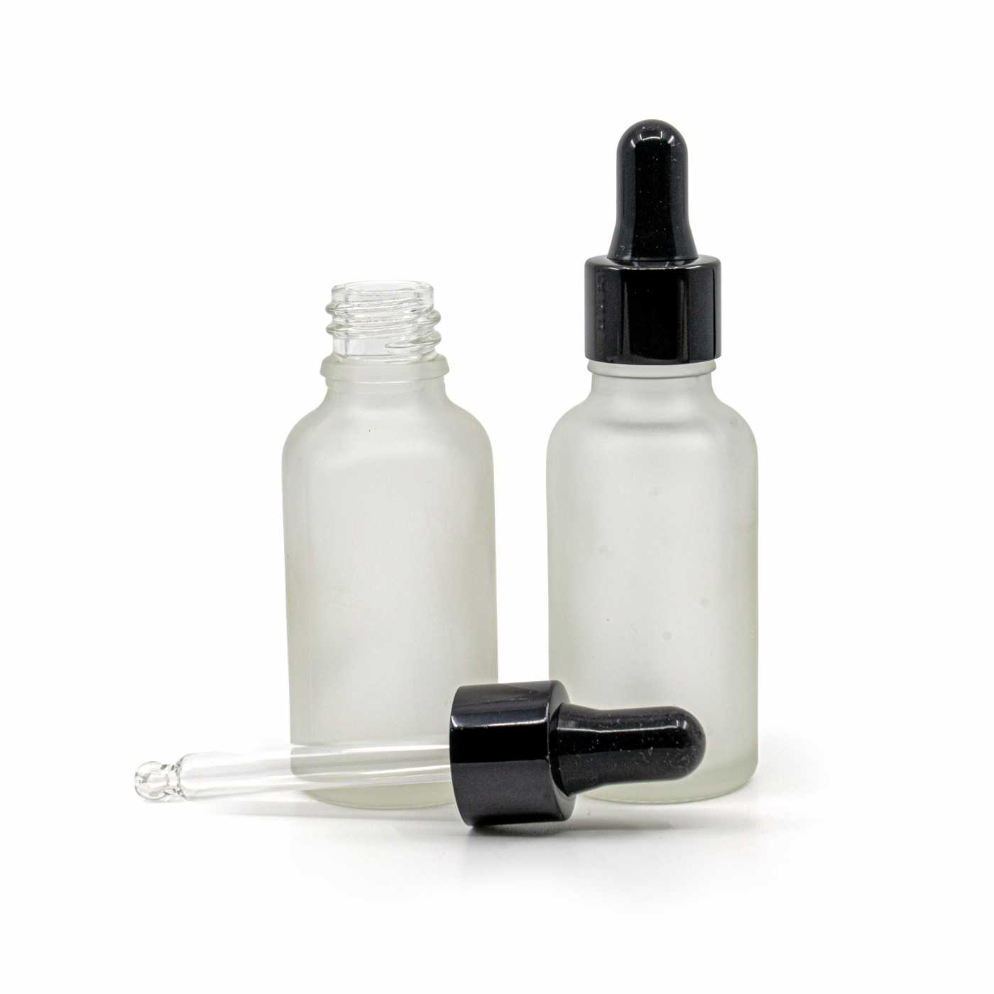 Butelka szklana przezroczysta mleczna, czarny błyszczący kroplomierz, 30 ml