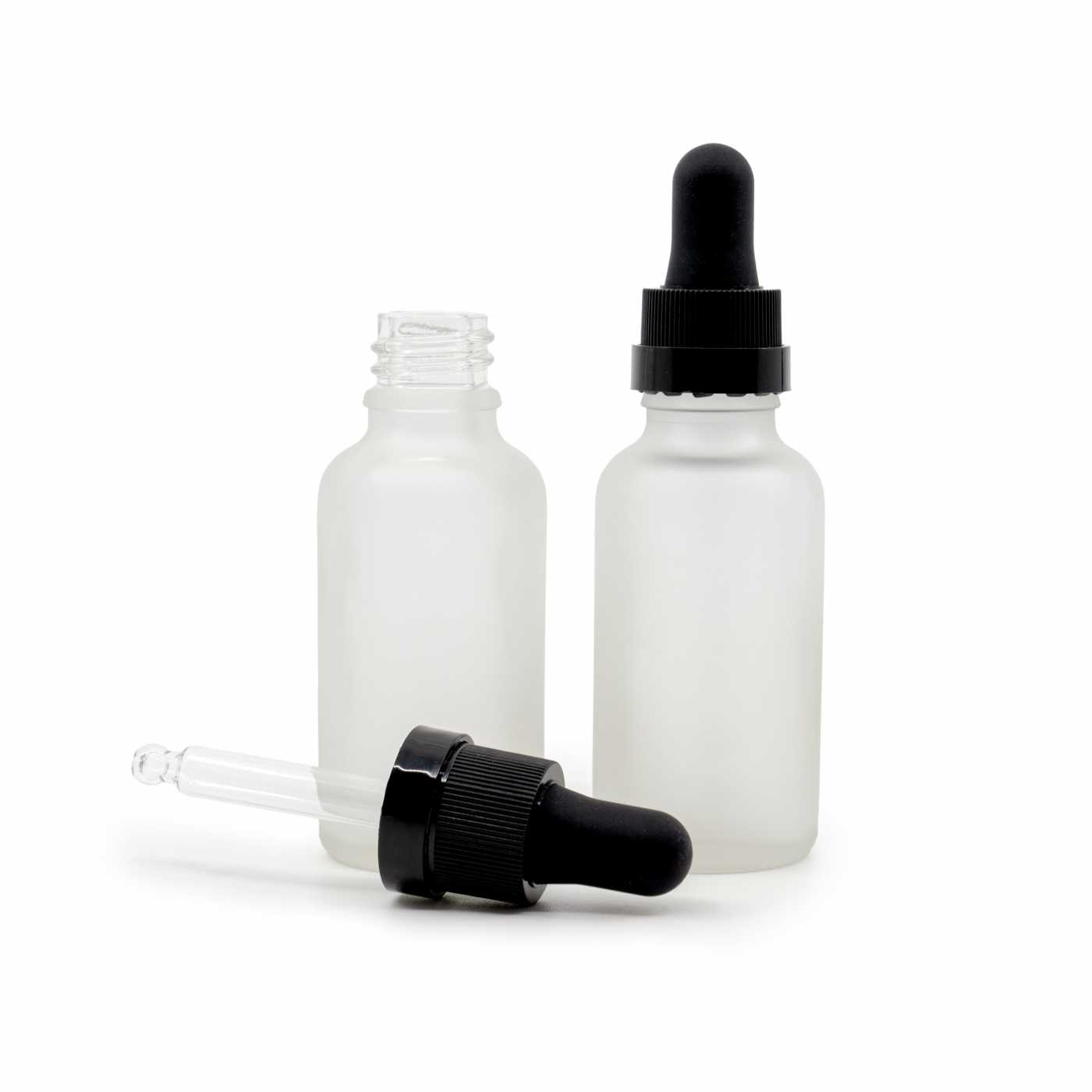 Butelka szklana przezroczysta mleczna, czarny kroplomierz z błyszczącym paskiem, 30 ml
