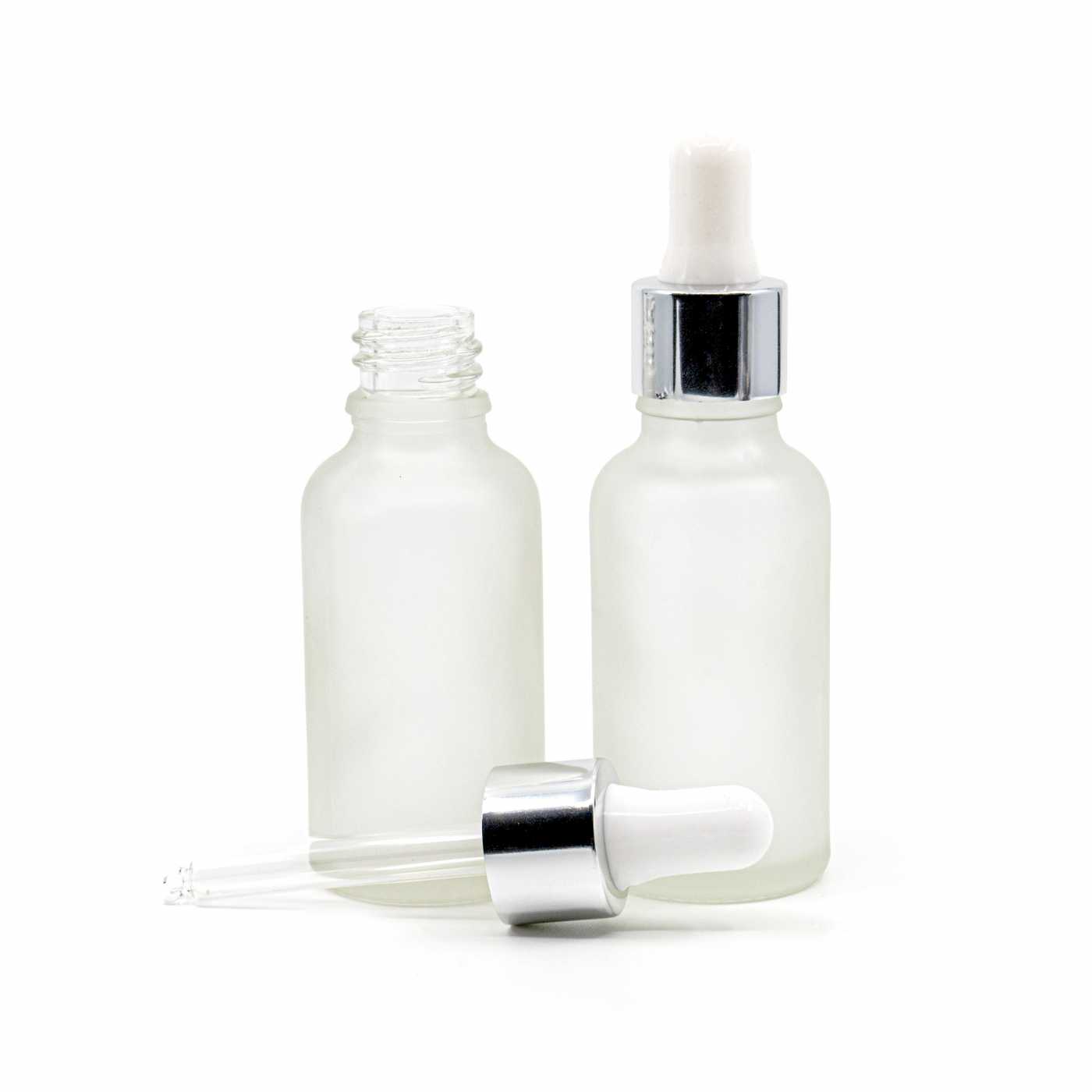 Átlátszó matt üvegpalack ezüst pipettás kupakkal, 30 ml