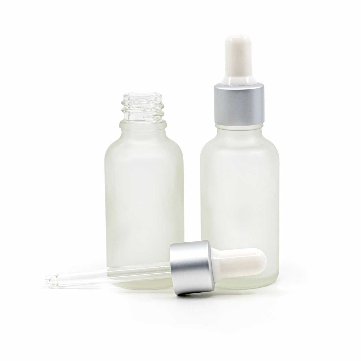Milchig transparente Glasflasche, mattes Silberpipettverschluss, 30 ml