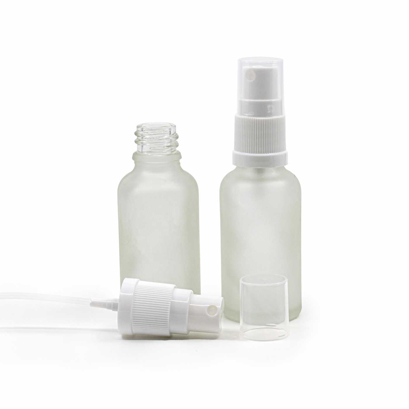 Flacon en verre givré transparent, pompe spray blanche, 30 ml