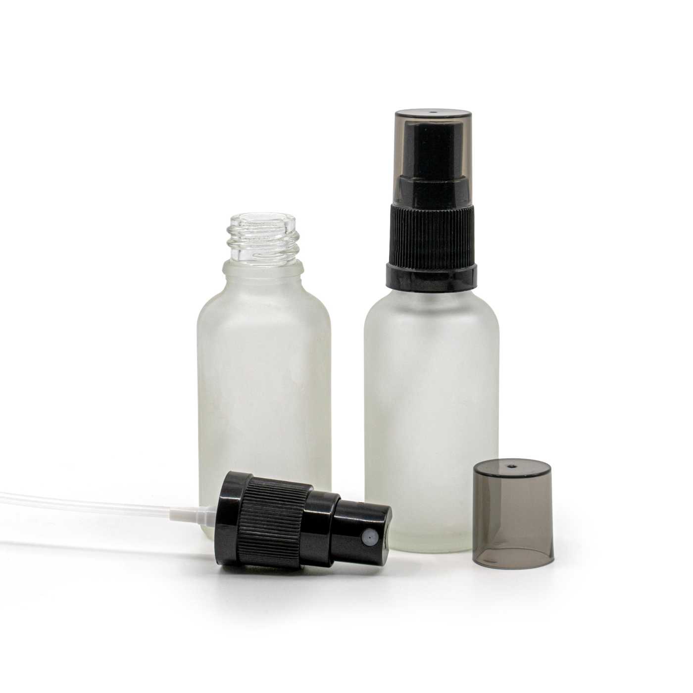 Butelka szklana, przezroczysta mleczna, czarny atomizer, przydymiony kapturek, 30 ml