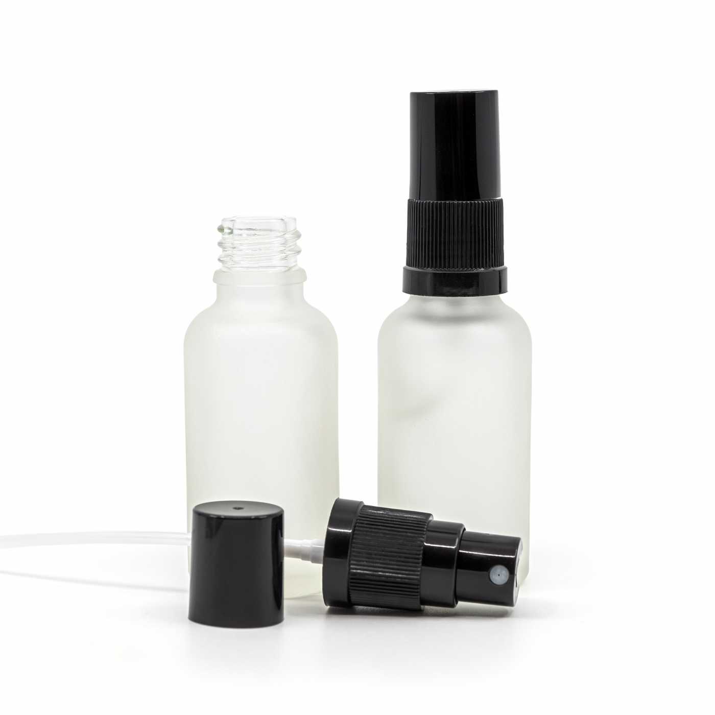 Butelka szklana, przezroczysta mleczna, czarny atomizer, czarny kapturek, 30 ml