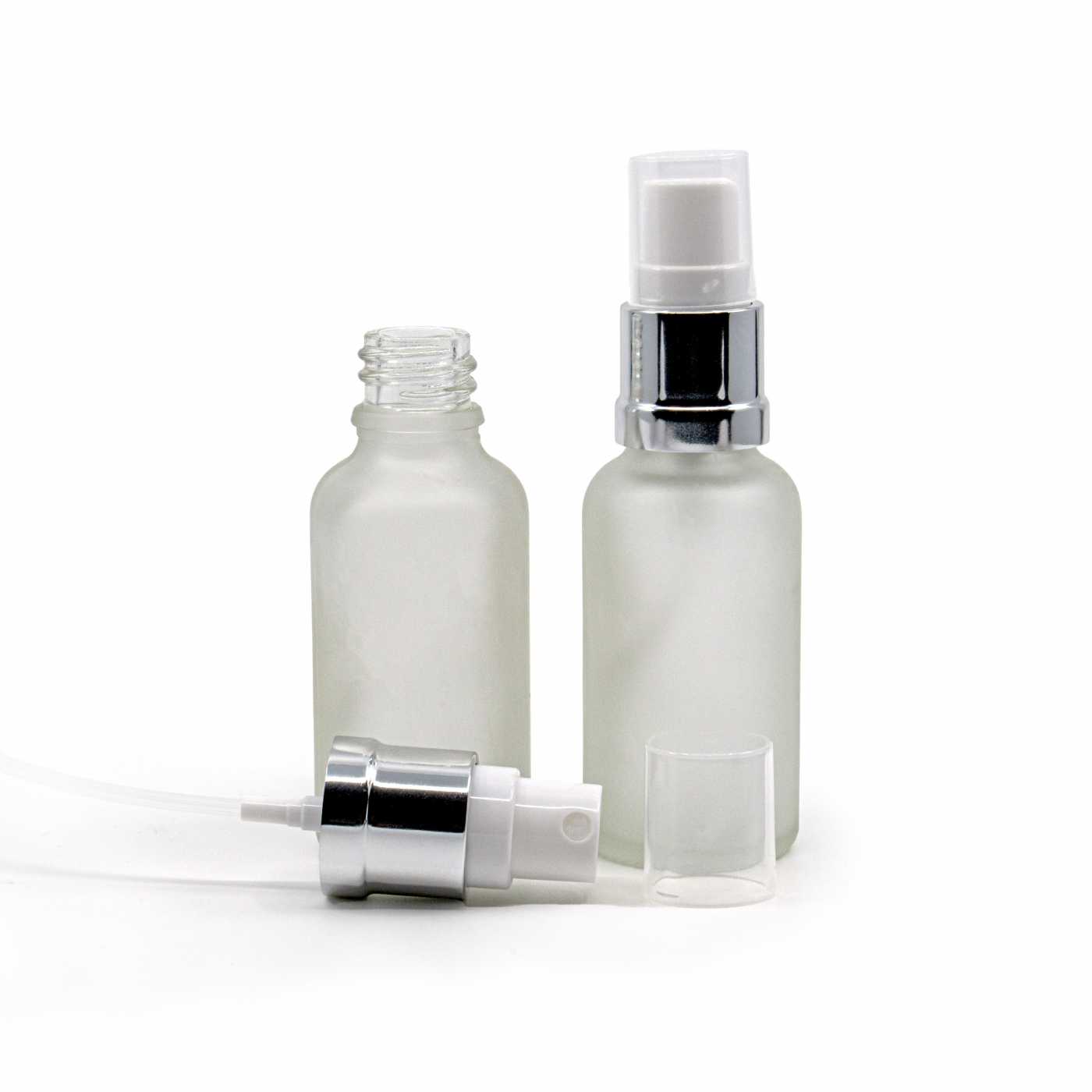 Butelka szklana przezroczysta mleczna, atomizer biało-srebrny, 30 ml