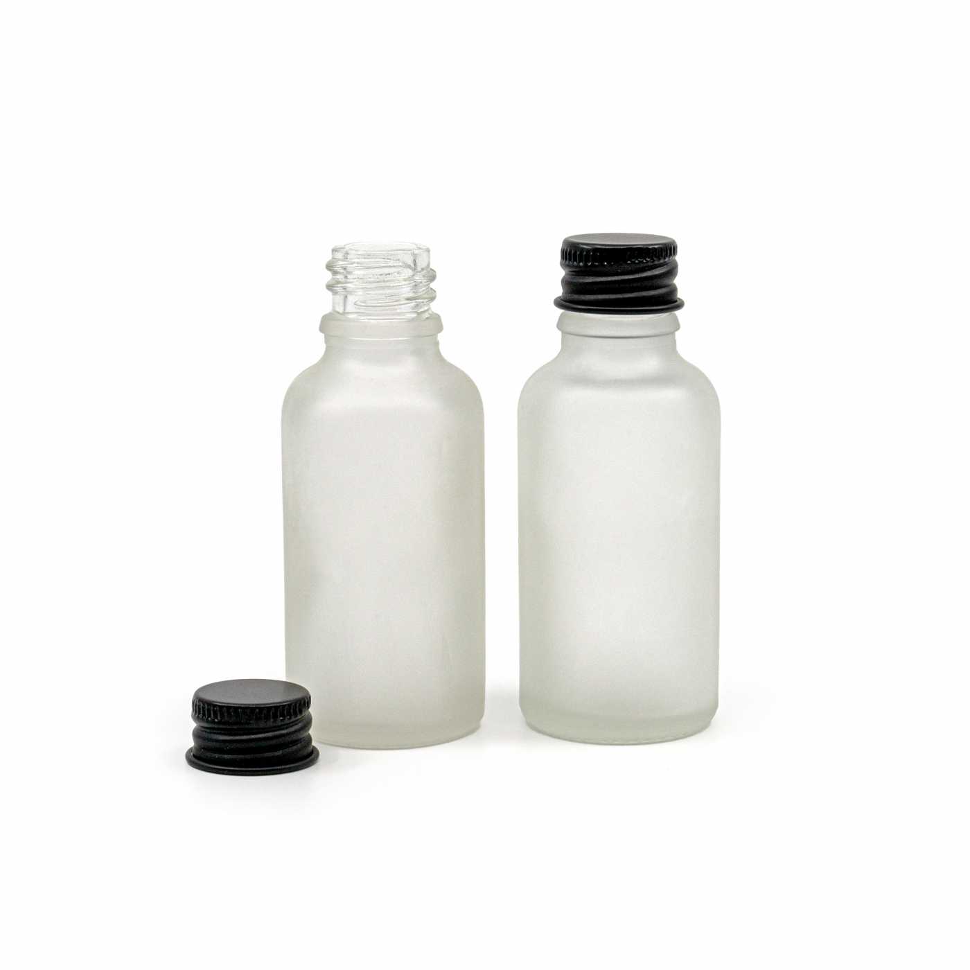 Butelka szklana, przezroczysta mleczna, czarna nakrętka aluminiowa, 30 ml