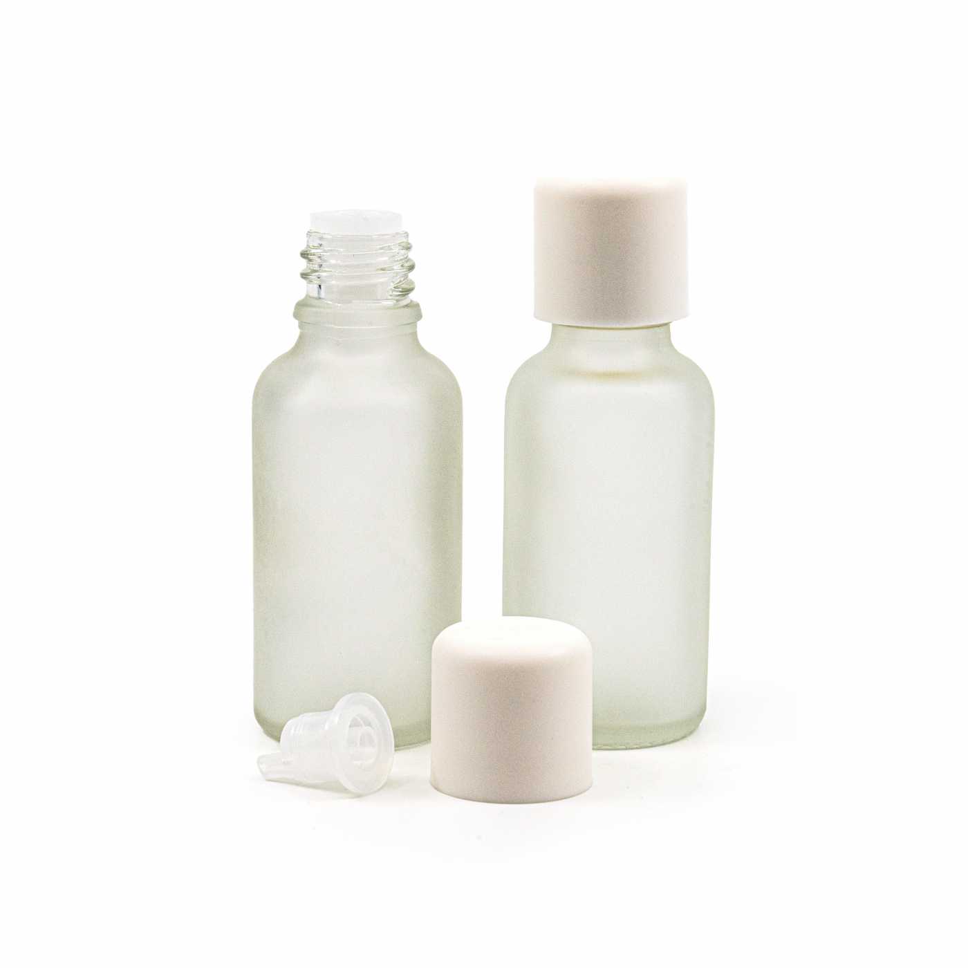Butelka szklana przezroczysta mleczna, biała nakrętka z zabezpieczeniem, 30 ml
