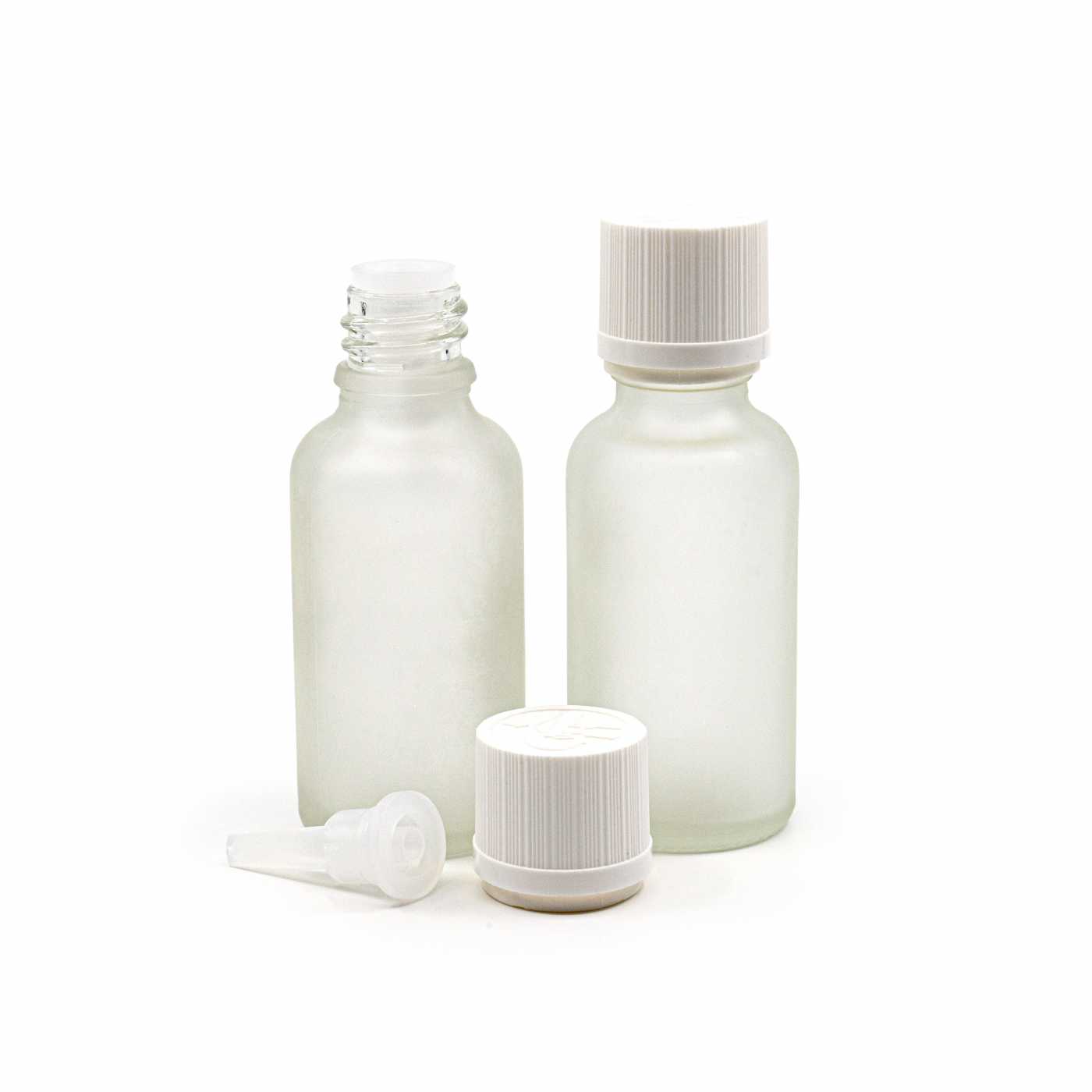 Butelka szklana przezroczysta mleczna, biała żebrowana nakrętka z zabezpieczeniem, 30 ml