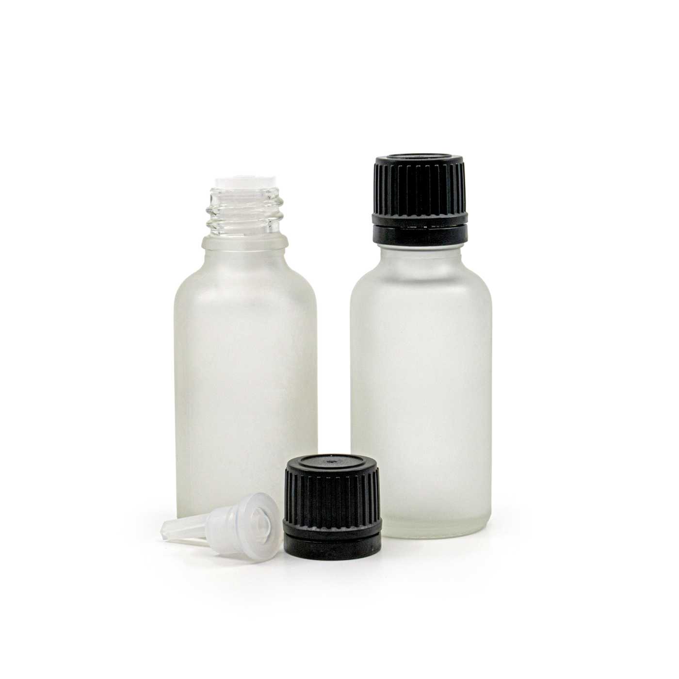 Butelka szklana, przezroczysta mleczna, czarna nakrętka z kroplomierzem, 30 ml