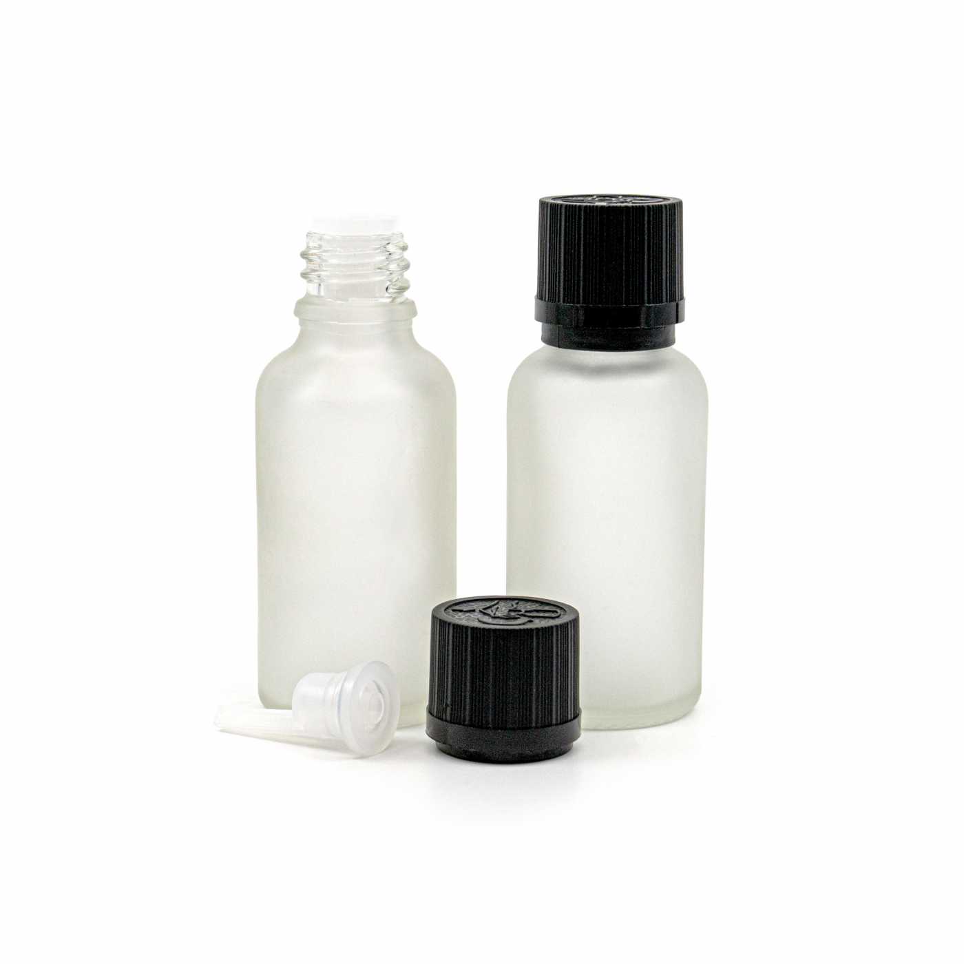 Átlátszó matt üvegpalack, fekete biztonsági kupak cseppentőbetéttel, 30 ml
