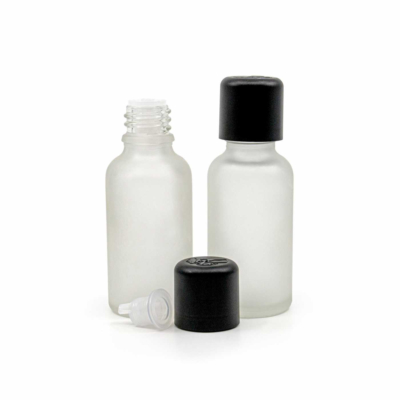 Butelka szklana, przezroczysta mleczna, czarna nakrętka z zabezpieczeniem, 30 ml