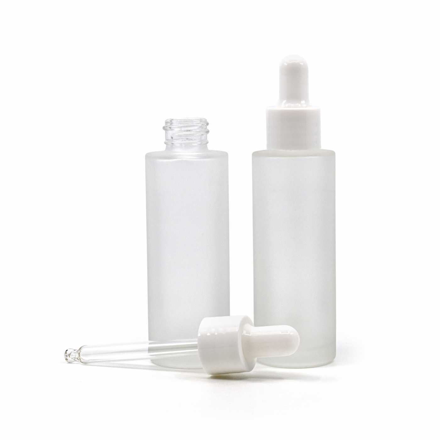 Butelka szklana matowa, wysoka, biały błyszczący kroplomierz, 30 ml