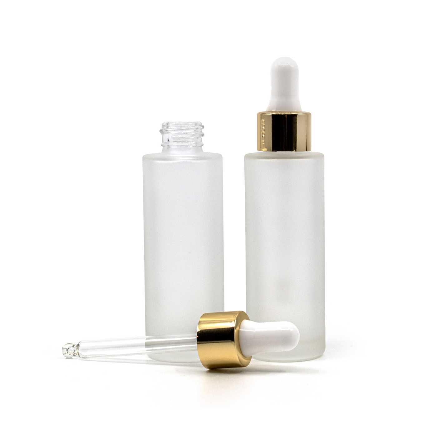 Flacon en verre givré, haut, compte-gouttes blanc et or, 30 ml