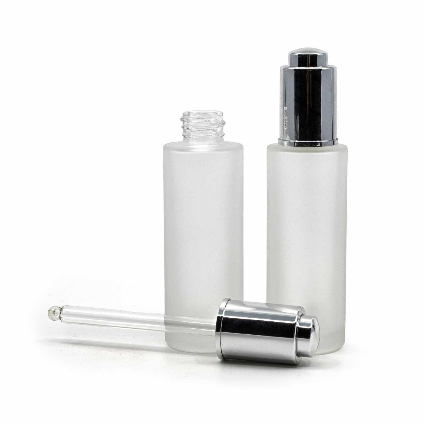 Flacon en verre givré, haut, compte‑gouttes push argenté 30 ml