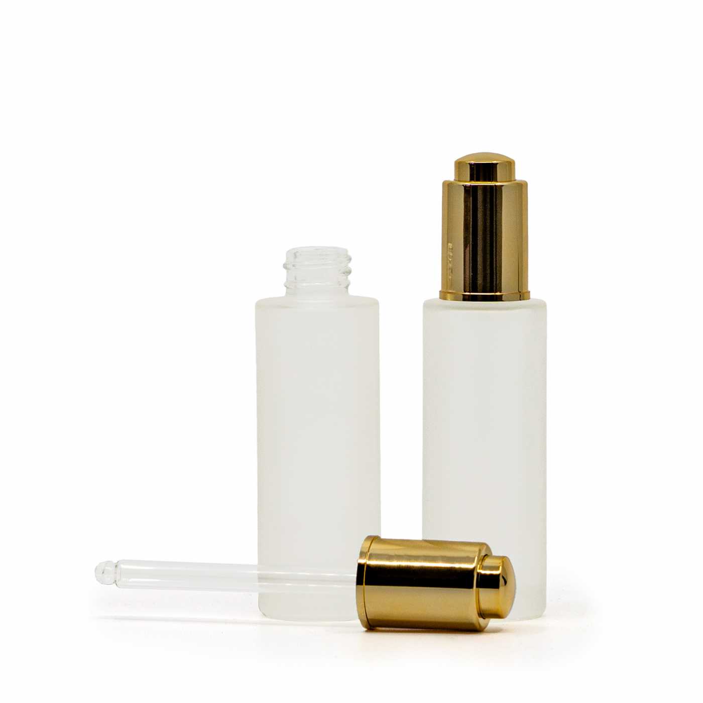 Flacon en verre dépoli haut avec compte-gouttes poussoir doré 30 ml