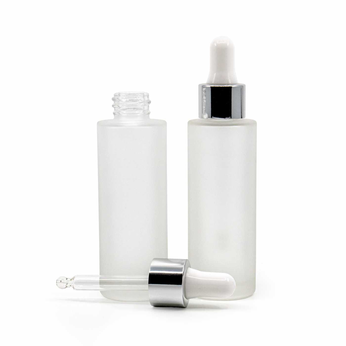 Sklenená fľaška, matná, vysoká, bielo-strieborné lesklé kvapátko, 30 ml