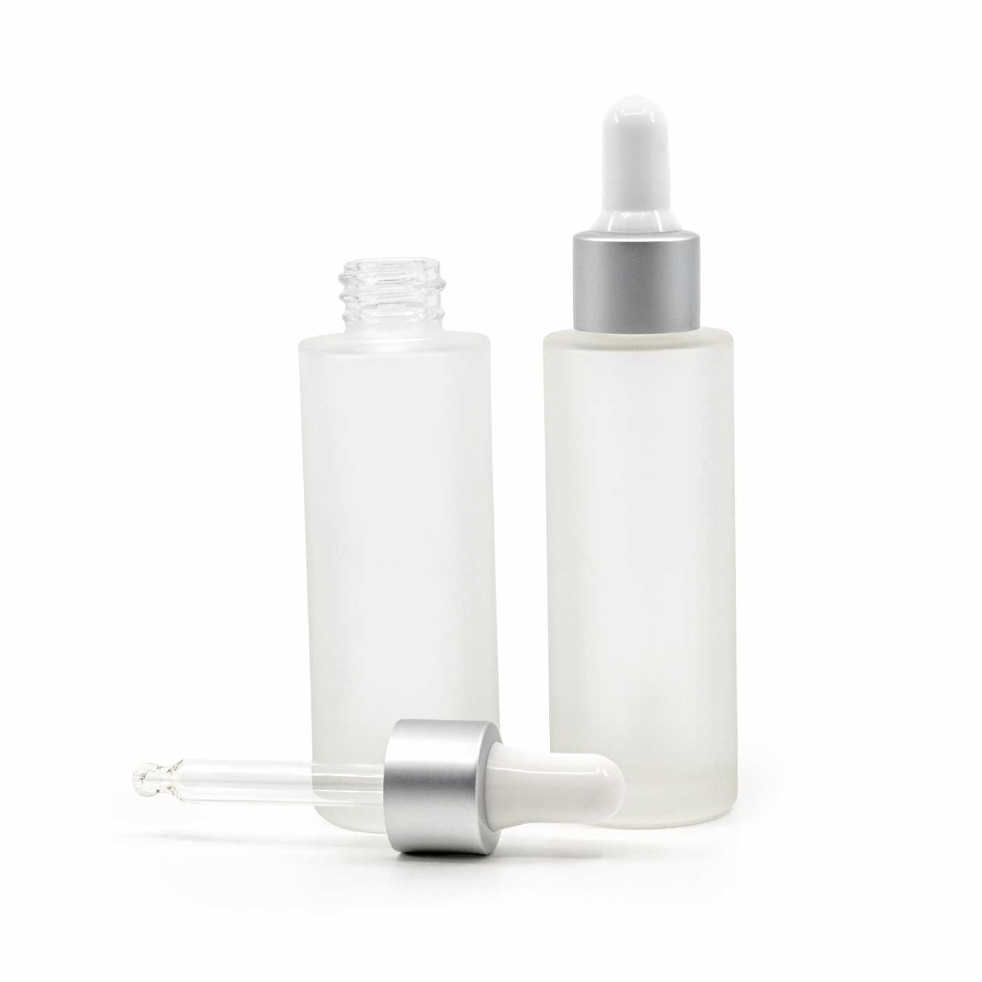 Flacon en verre givré, haut, compte-gouttes blanc argenté mat, 30 ml