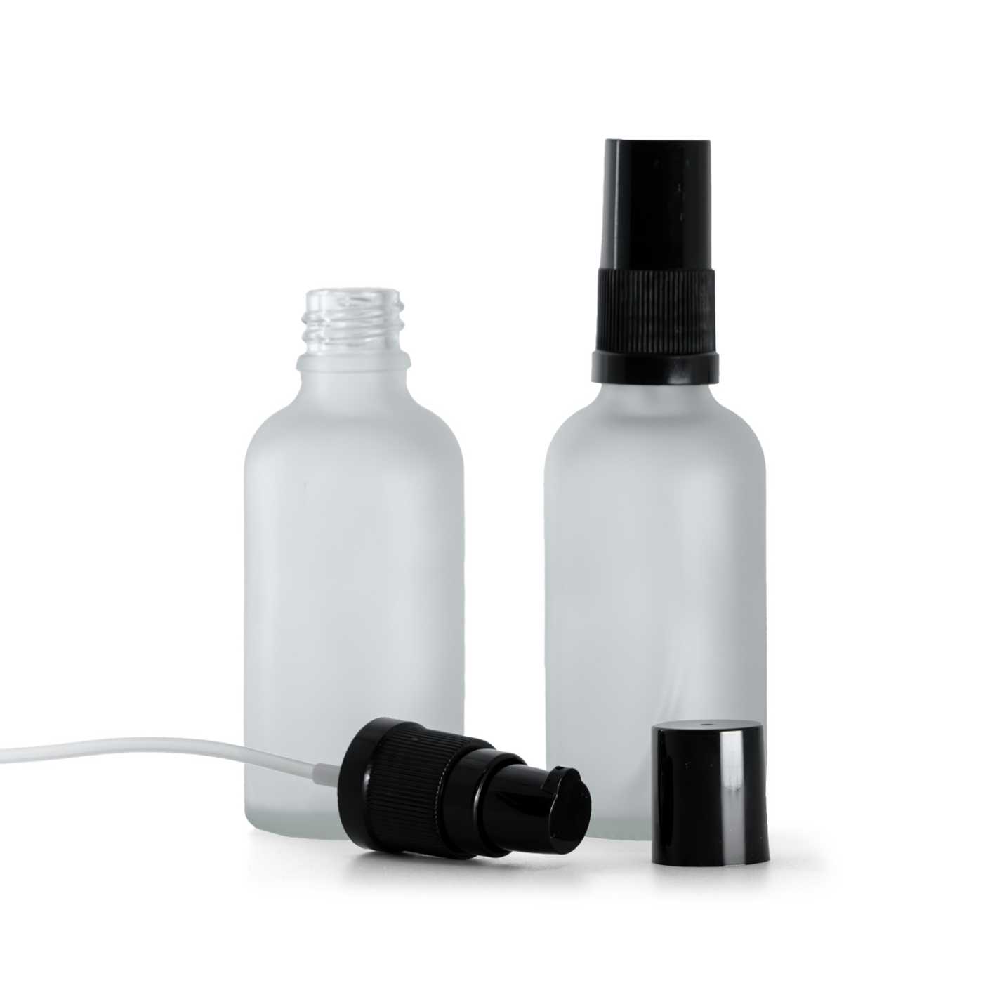 Flacon en verre dépoli transparent avec pompe lotion noire et coiffe noire, 50 ml