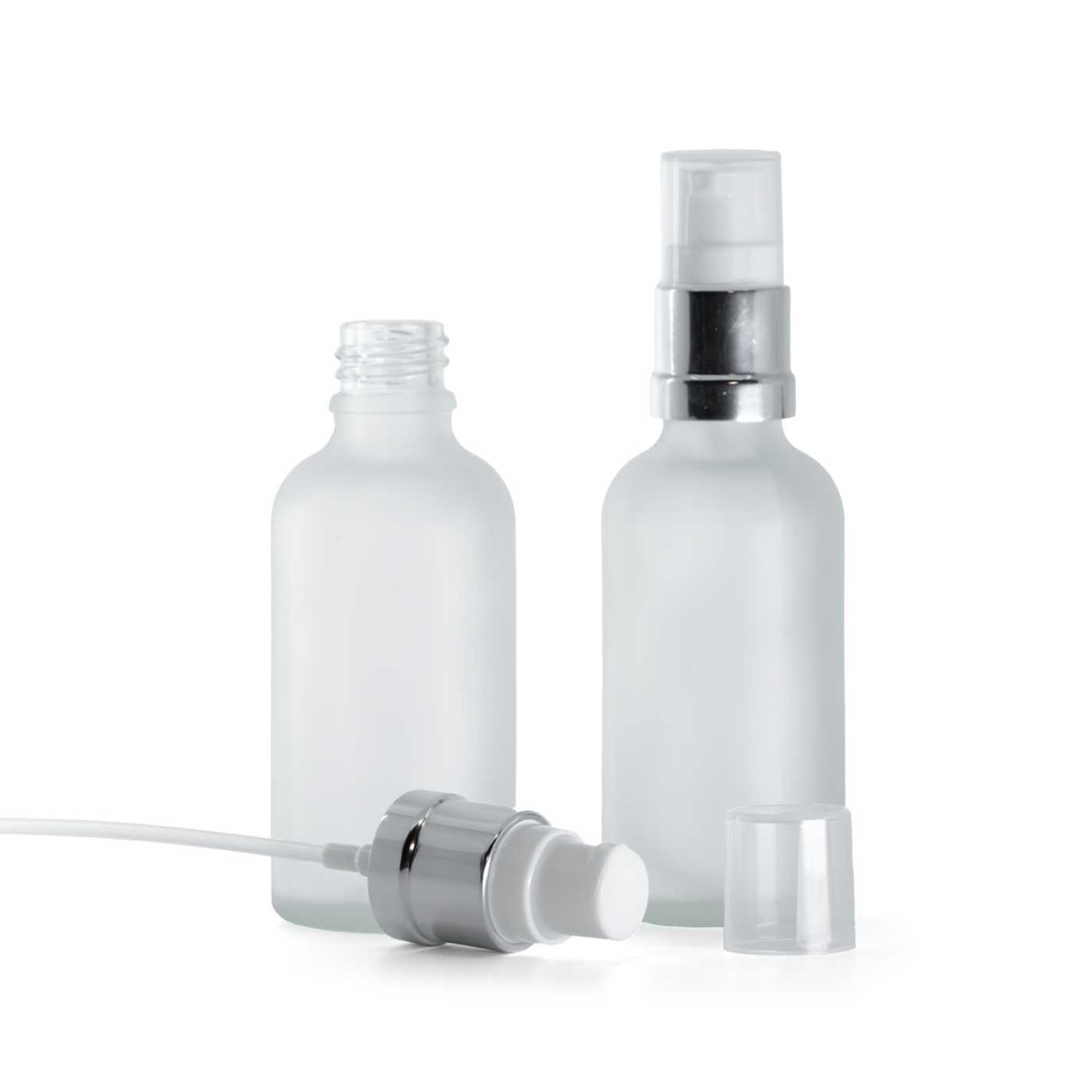Flacon en verre dépoli transparent avec pompe blanc argenté brillante, 50 ml