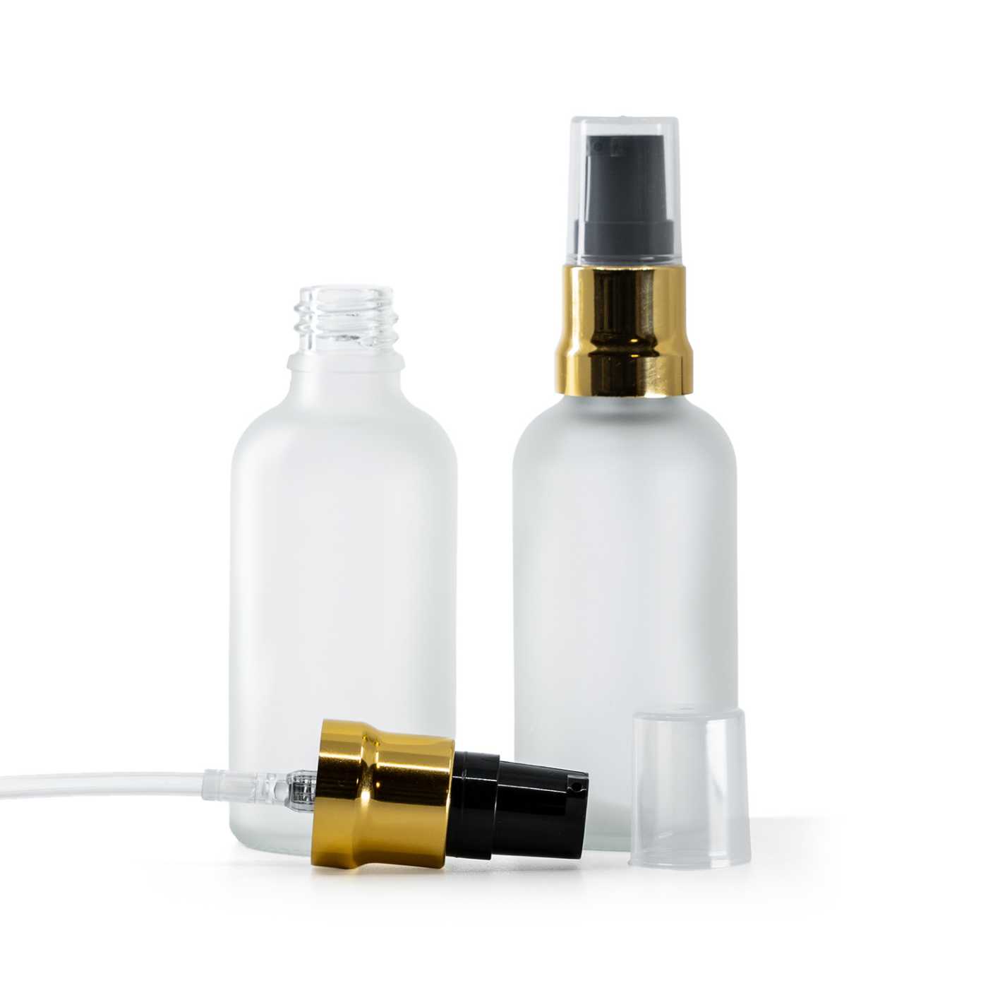 Flacon en verre dépoli transparent, pompe noir et or brillante avec capot transparent, 50 ml