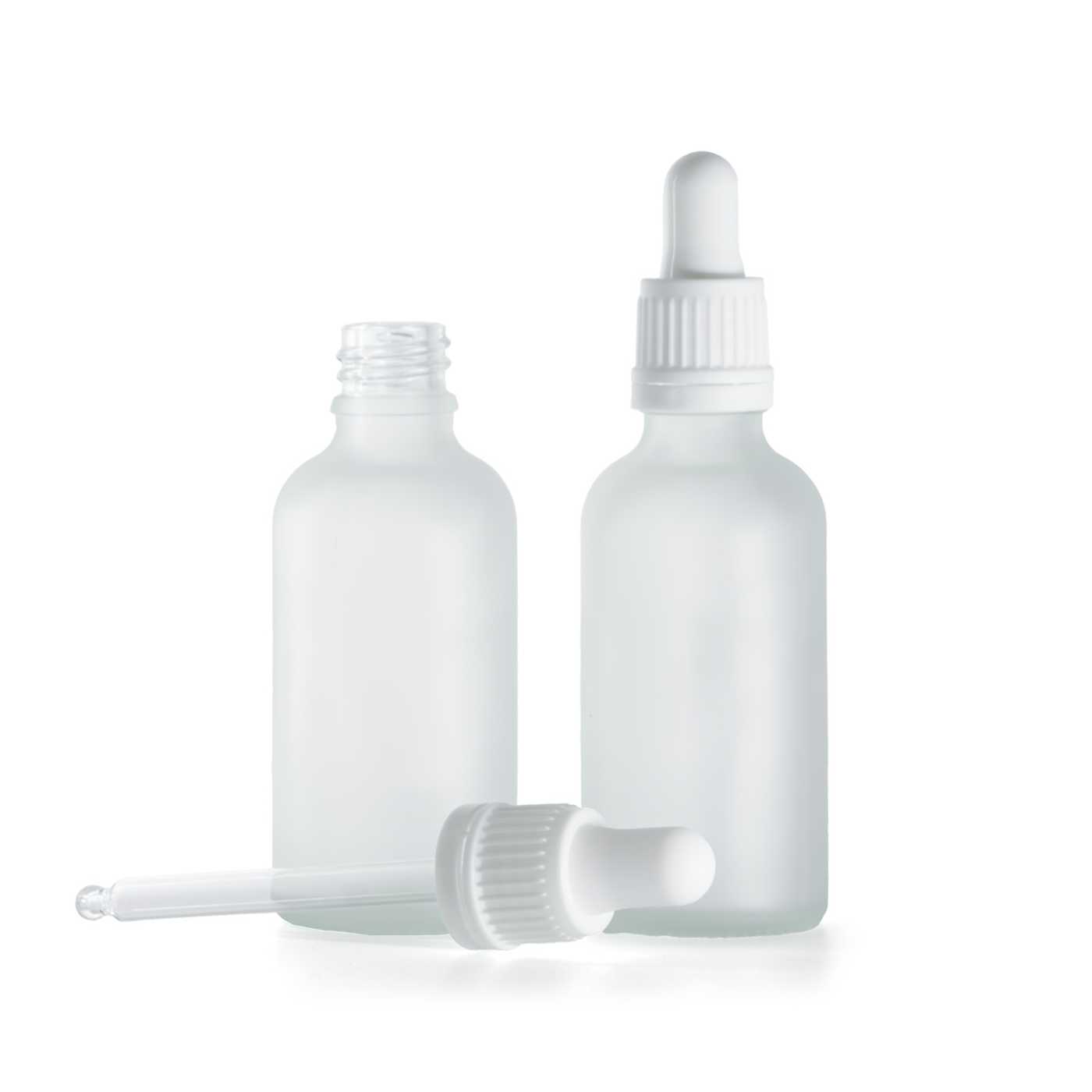 Átlátszó matt üvegpalack, fehér cseppentő, 50 ml