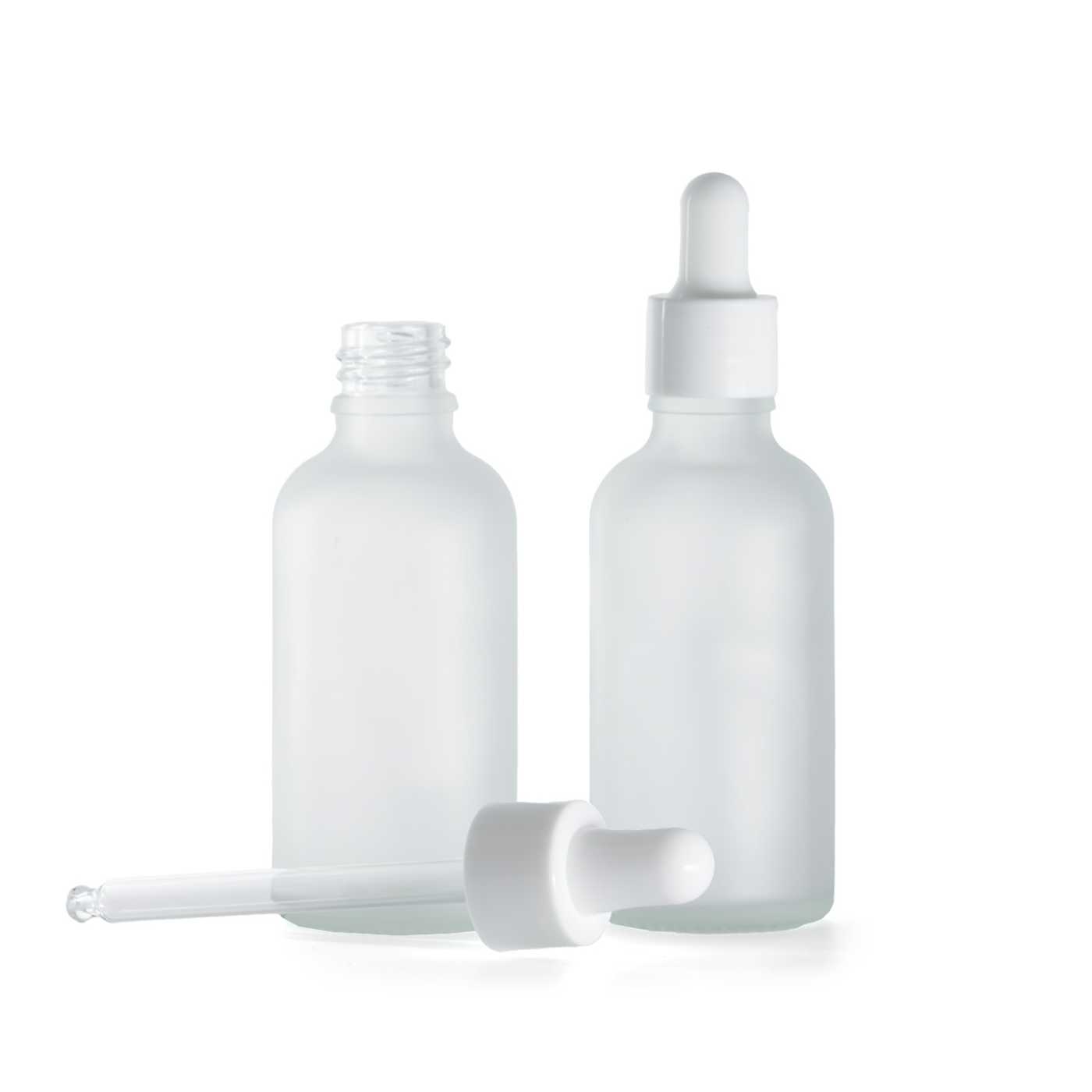 Átlátszó matt üvegpalack fényes fehér cseppentővel, 50 ml