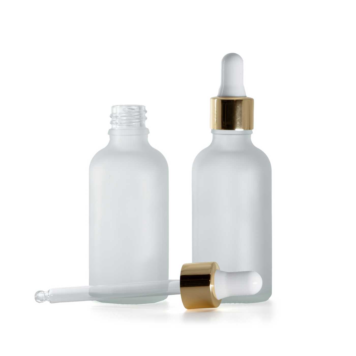 Flacon en verre dépoli transparent, compte-gouttes blanc-or, 50 ml