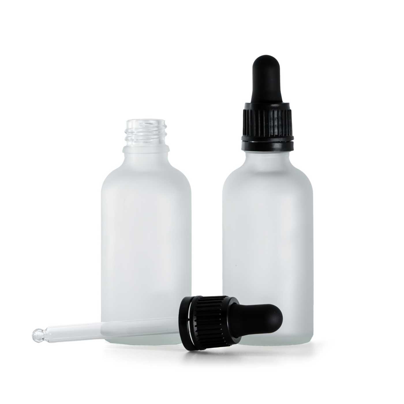 Flacon en verre, givré transparent, compte-gouttes noir, 50 ml