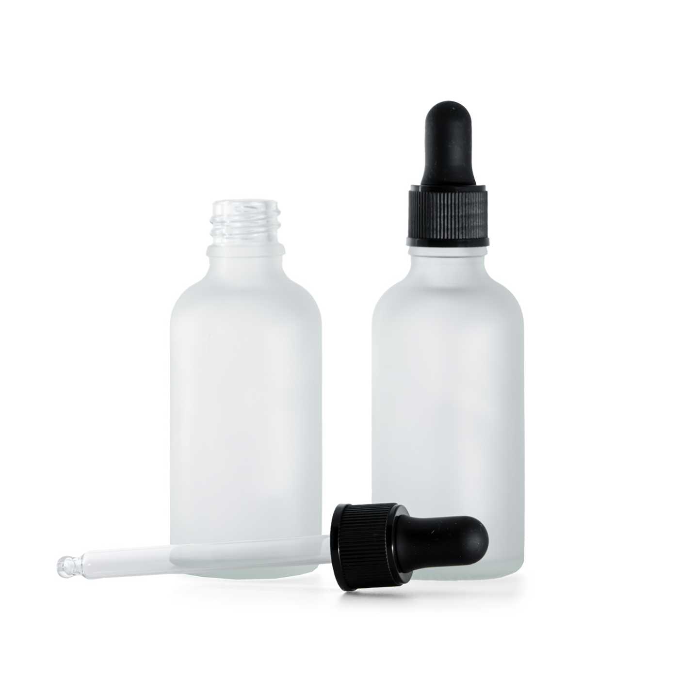Átlátszó matt üvegpalack, matt fekete cseppentő, 50 ml