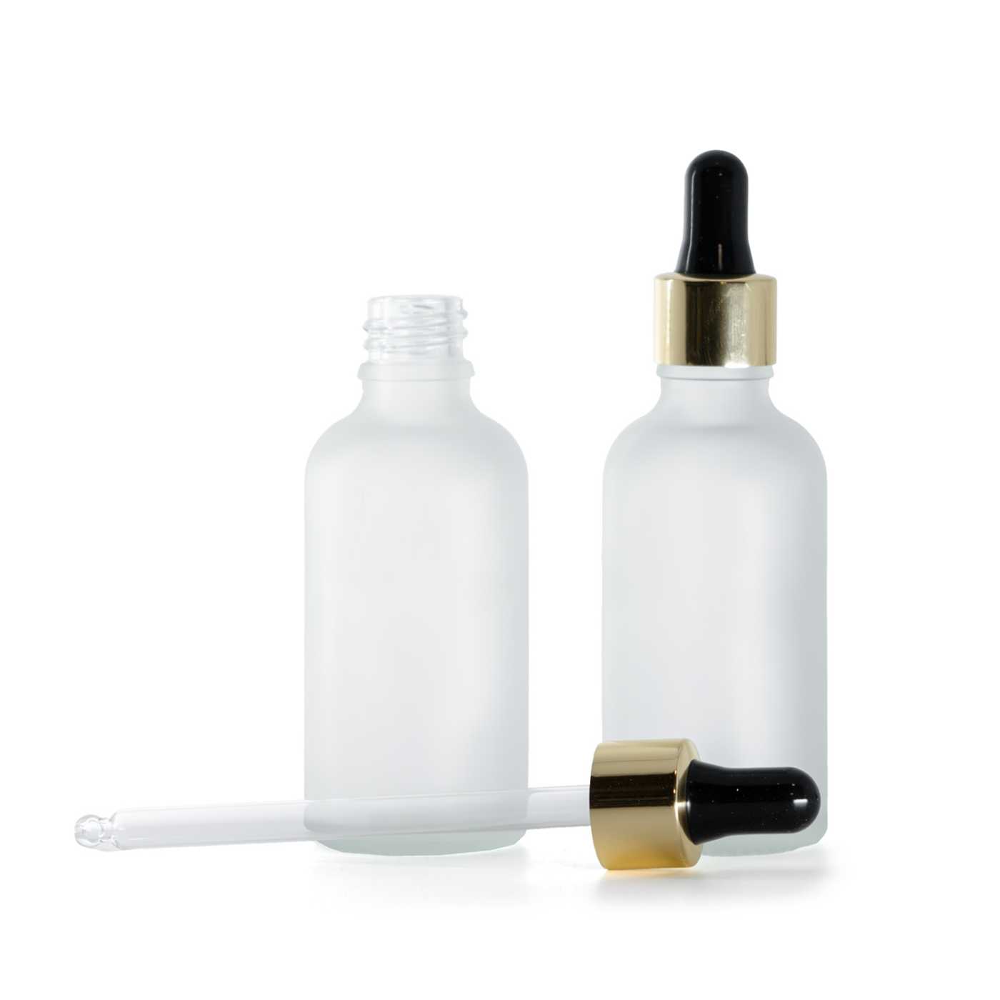 Átlátszó matt üvegpalack fekete-arany pipettával, 50 ml