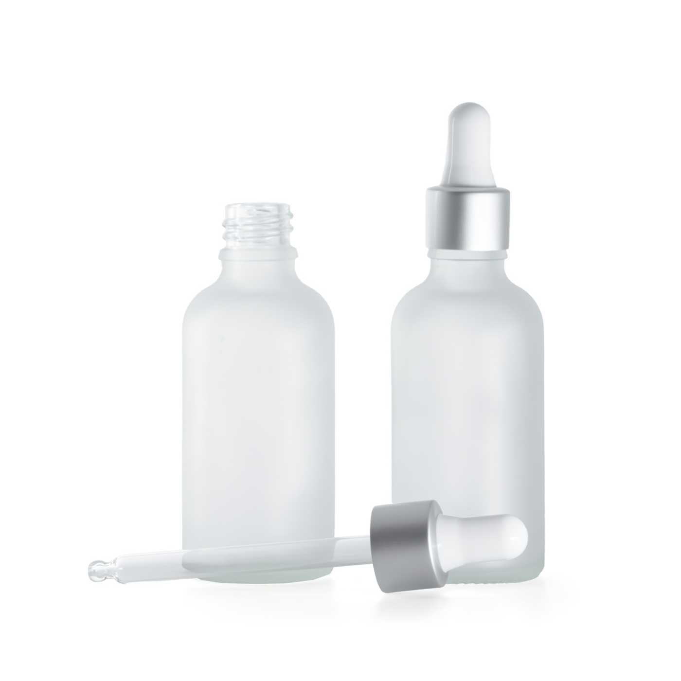Átlátszó matt üvegpalack, matt ezüst pipettás kupak, 50 ml