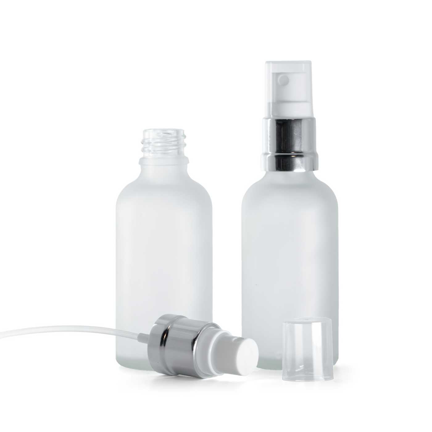 Butelka szklana przezroczysta mleczna, atomizer biało-srebrny, 50 ml