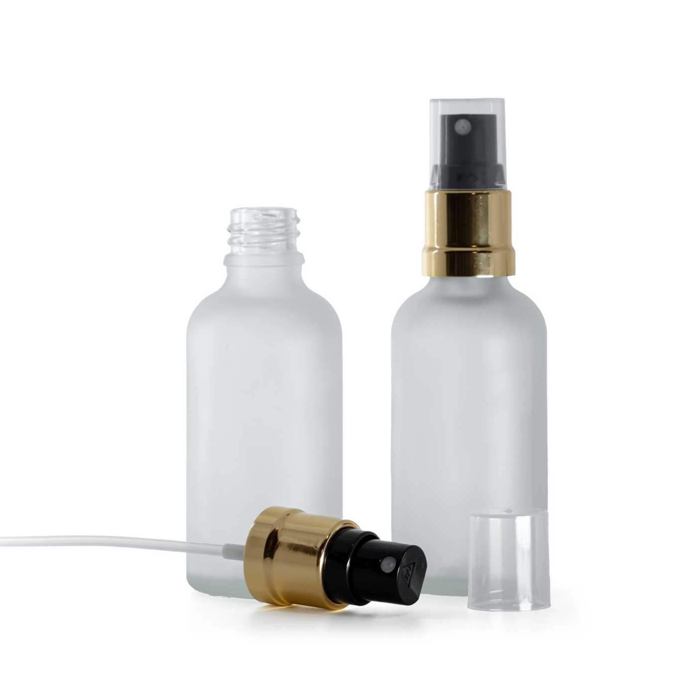 Flacon en verre dépoli transparent avec pompe spray noir et or, 50 ml
