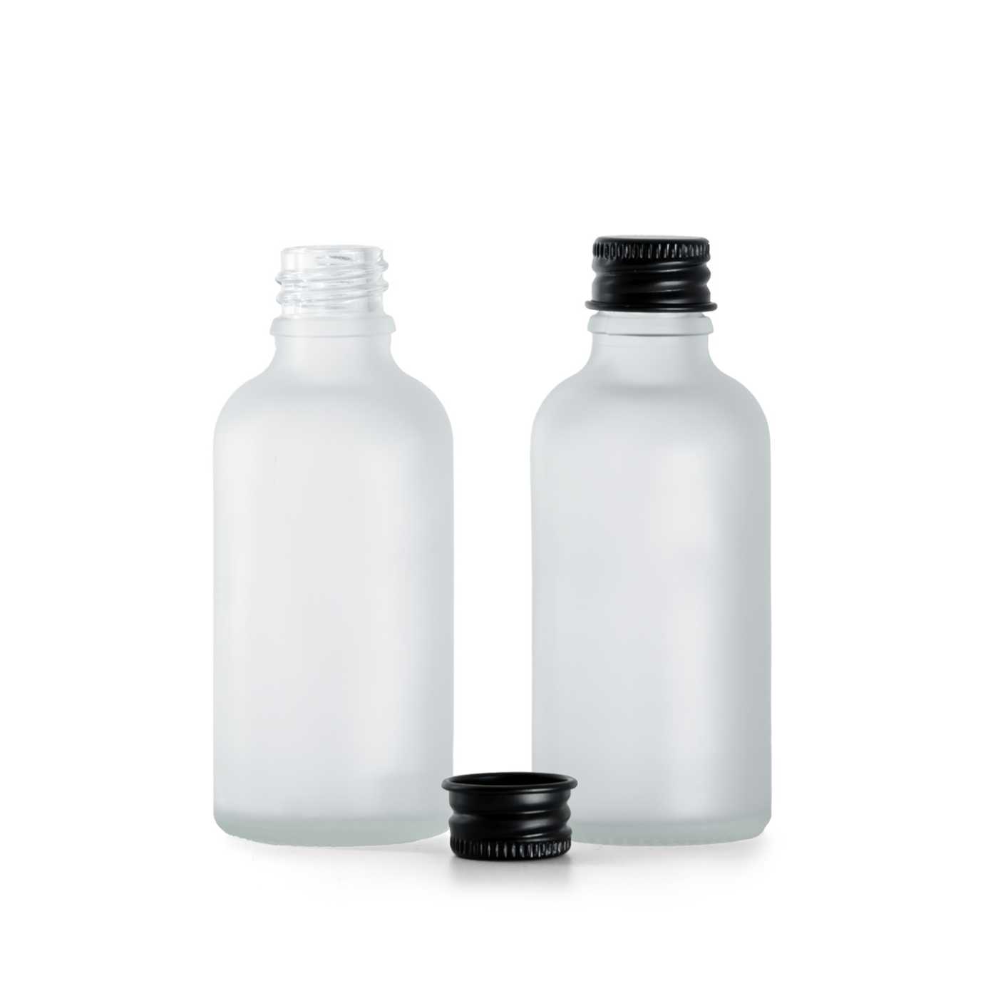 Flasche aus klarem Milchglas, schwarzer Aluminiumdeckel, 50 ml