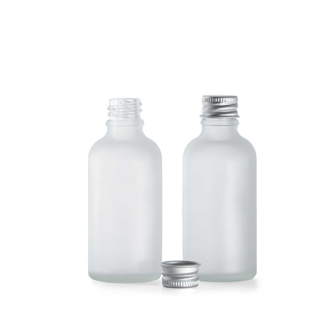 Flacon en verre dépoli transparent, bouchon en aluminium, 50 ml