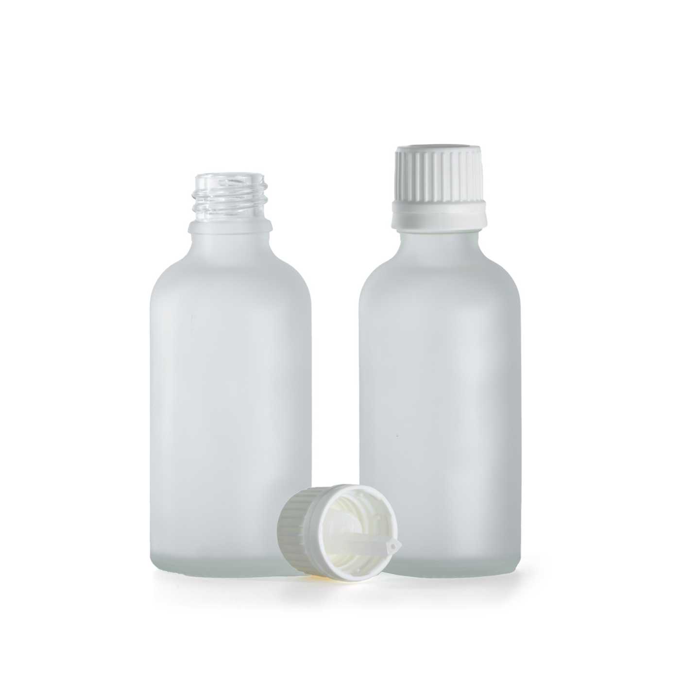 Flacon en verre transparent dépoli, bouchon blanc avec pipette, 50 ml