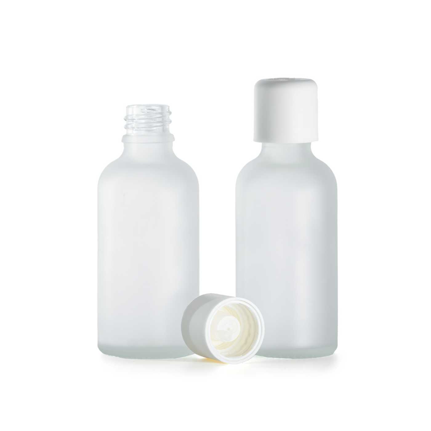 Flacon en verre dépoli transparent avec bouchon de sécurité blanc et compte-gouttes, 50 ml