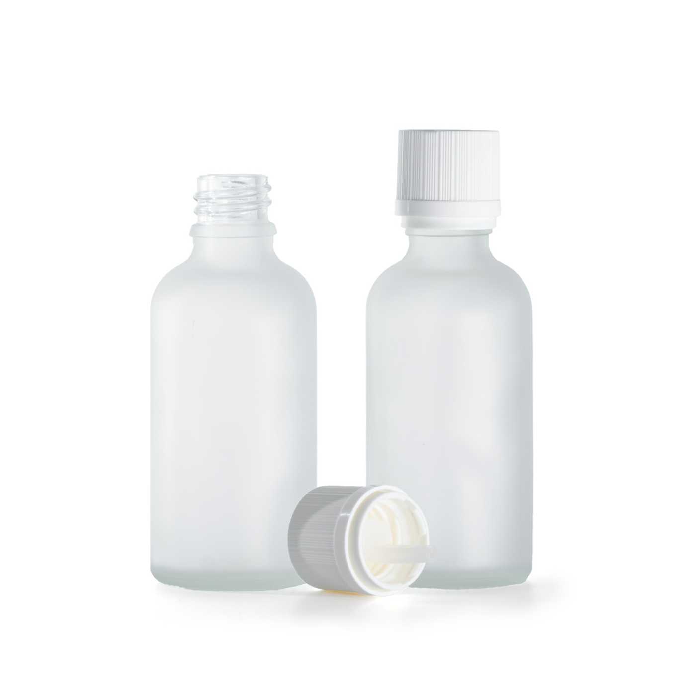Átlátszó matt üvegpalack, fehér garanciazár cseppentőbetéttel, 50 ml