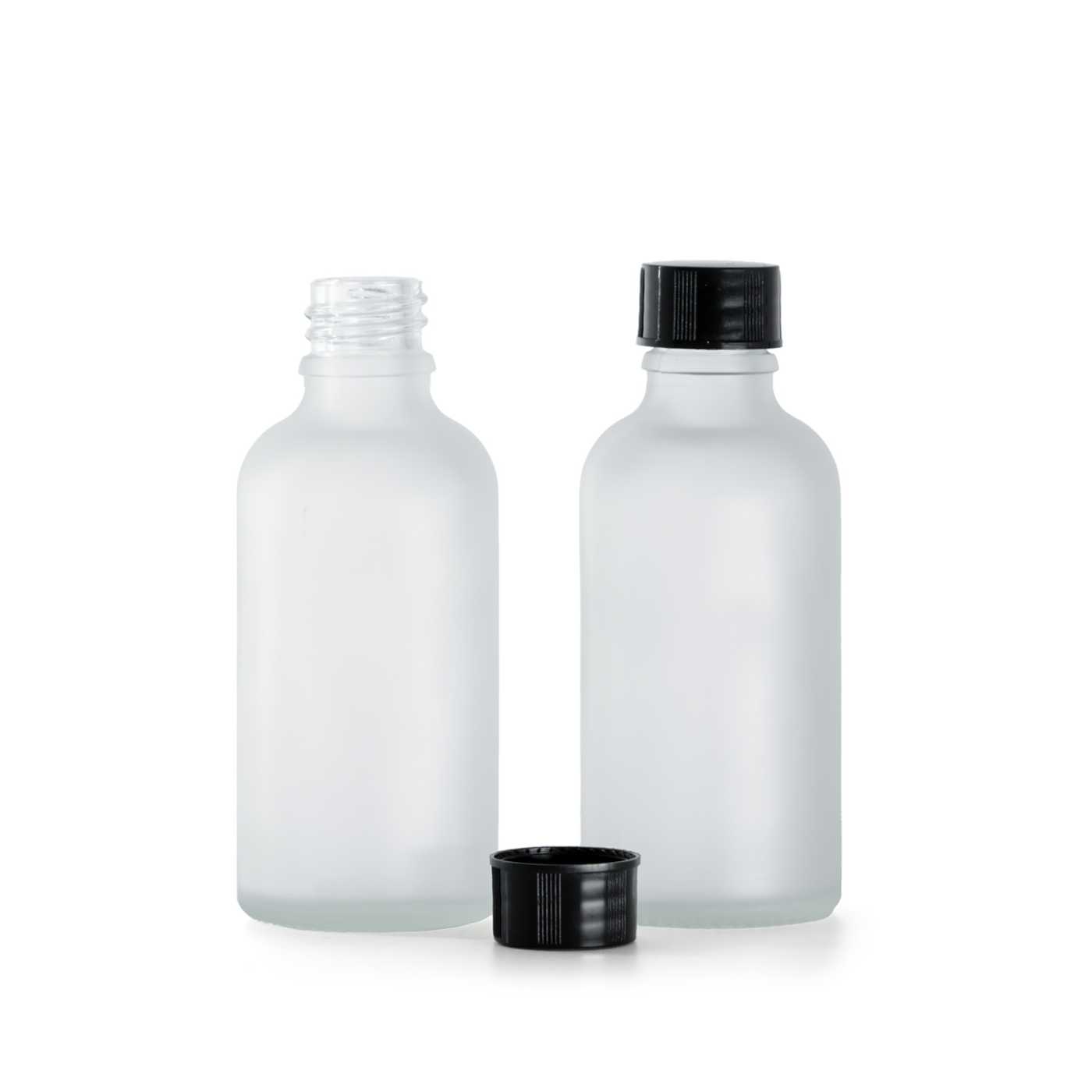 Butelka szklana, przezroczysta mleczna, nakrętka czarna, 50 ml