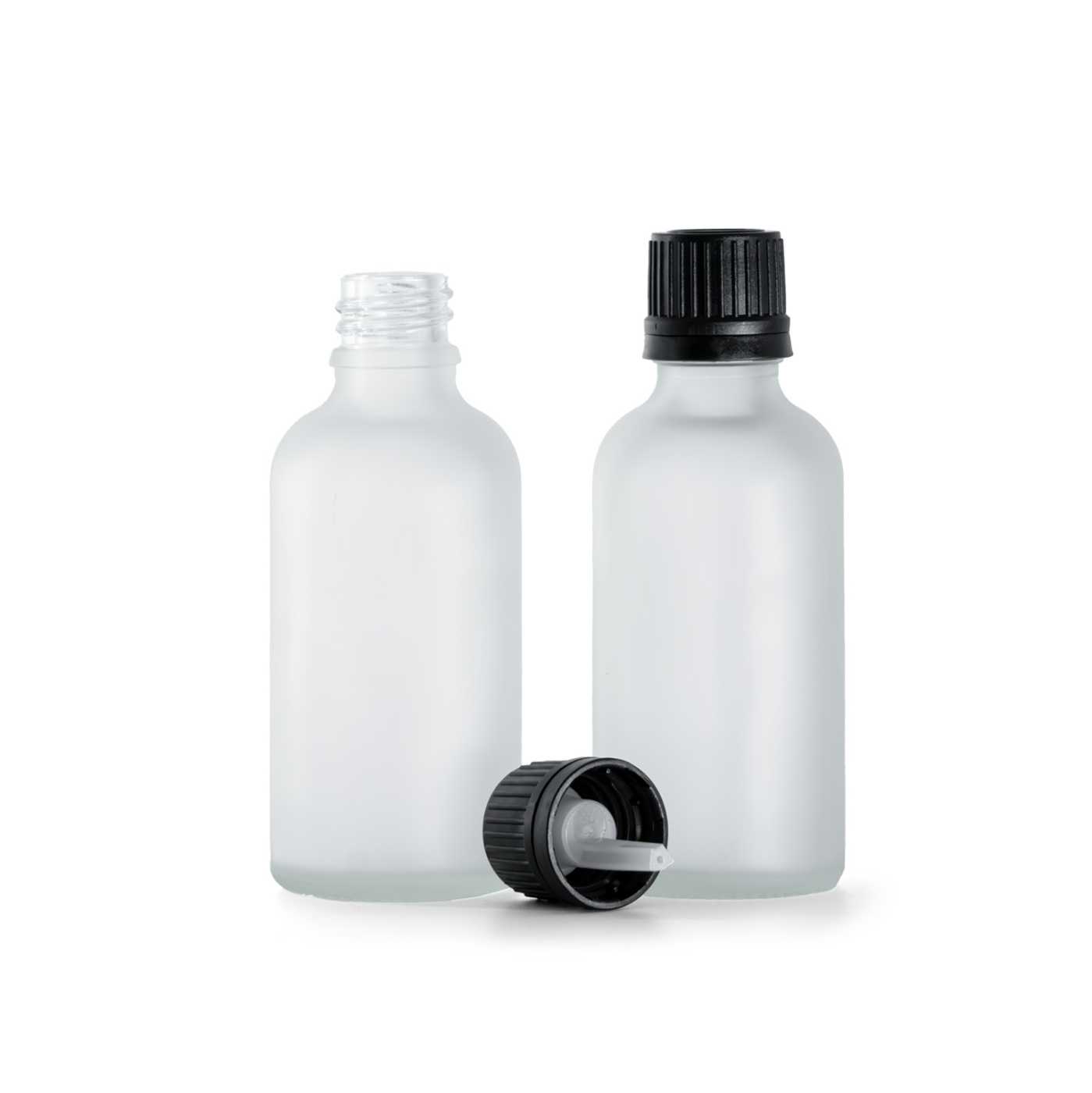 Flacon en verre dépoli transparent, bouchon noir avec pipette, 50 ml
