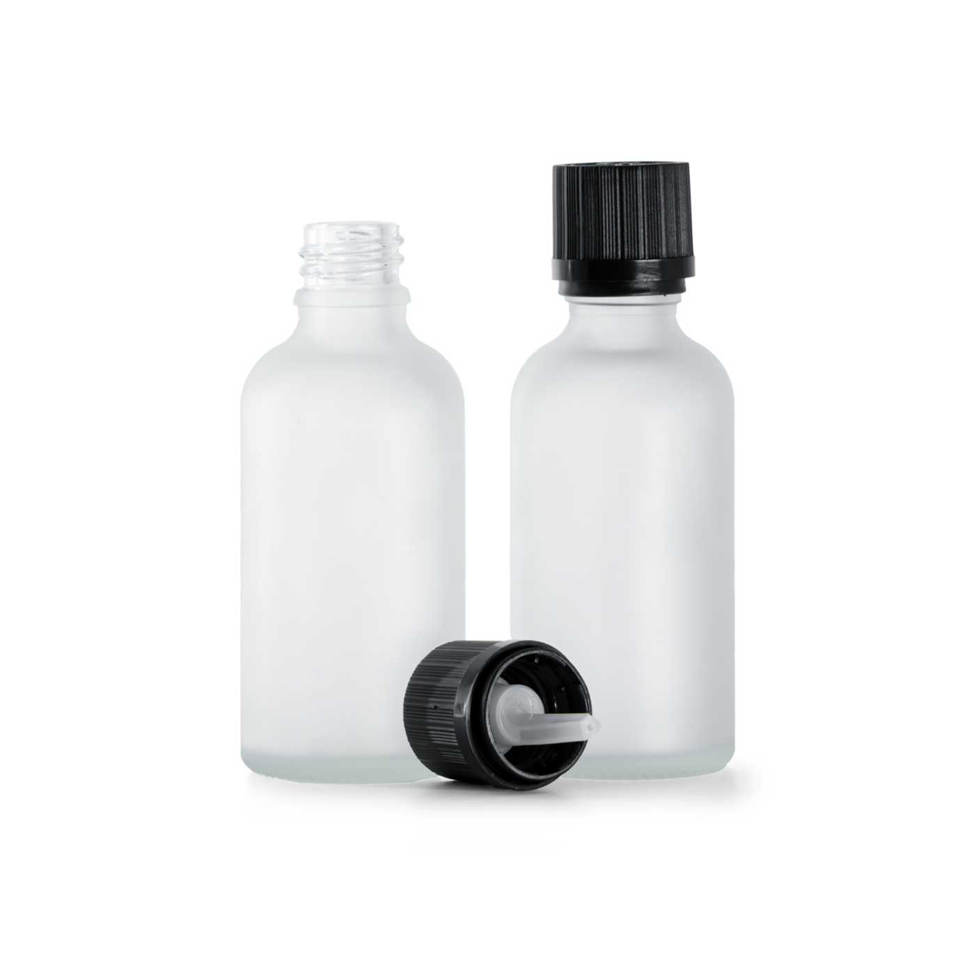 Átlátszó matt üvegpalack, fekete biztonsági kupak cseppentőbetéttel, 50 ml