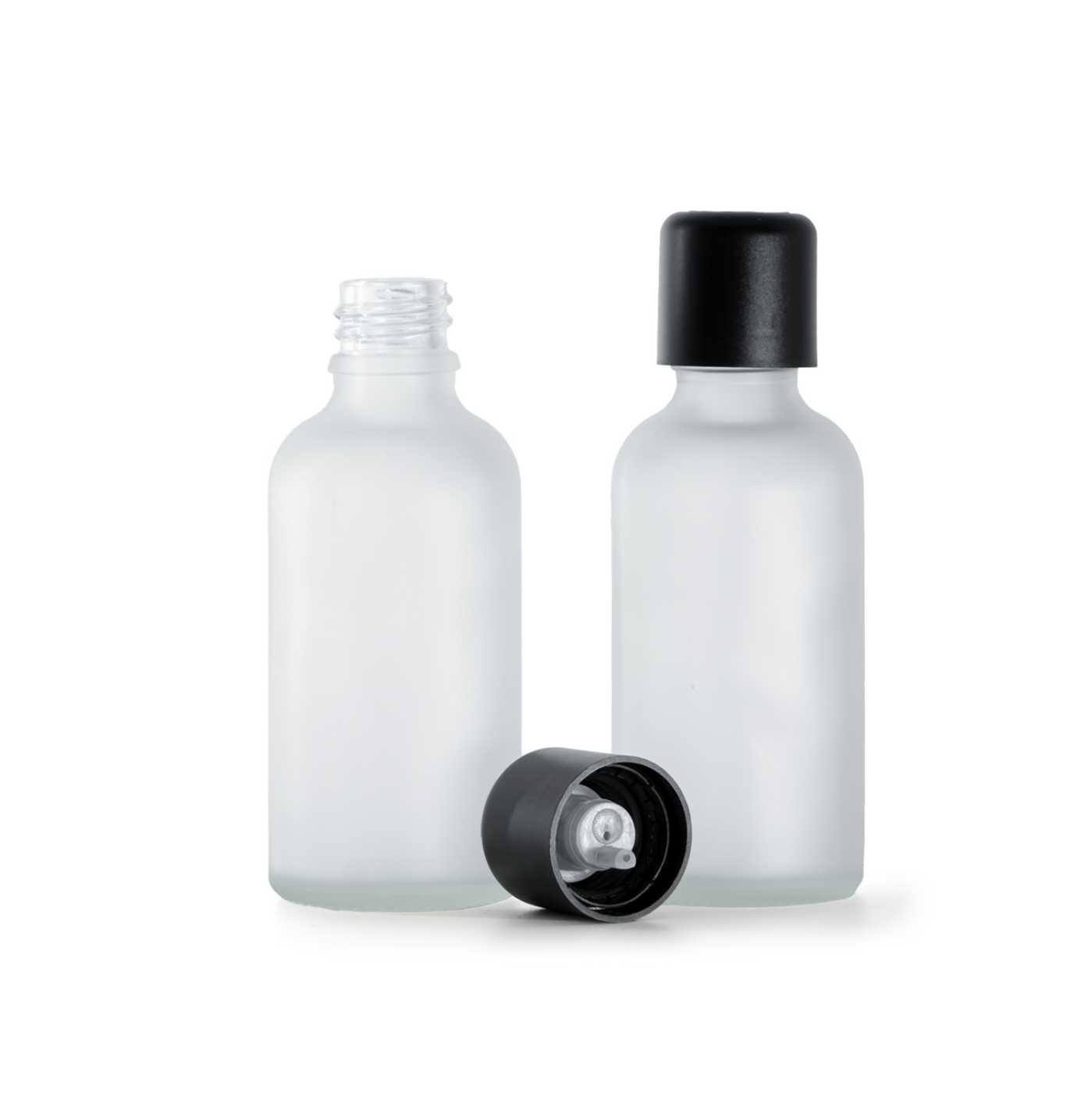 Átlátszó matt üvegpalack, fekete garanciazáras cseppentős kupak, 50 ml