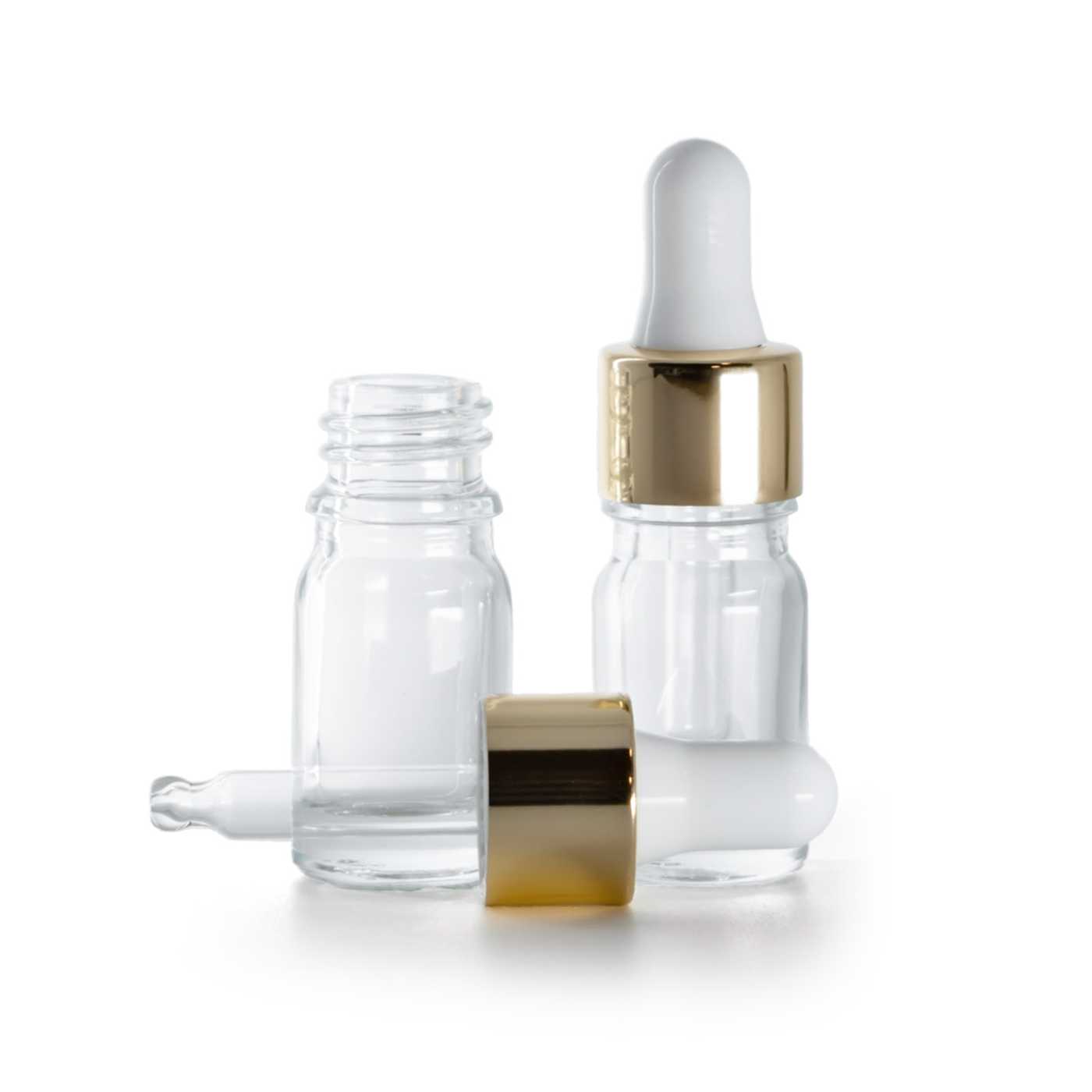 Flacon en verre transparent, compte-gouttes blanc doré brillant, 5 ml